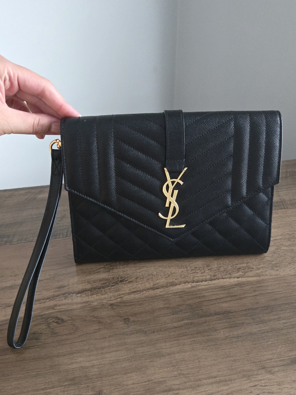 Saint Laurent Black Quilted Leather Wristlet Clutch with Gold YSL Logo